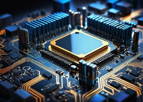 Arm processor, electronic circuit board, microprocessor, central processing unit (CPU), integrated circuit, metal wiring, tiny transistors, motherboard, computer hardware component, futuristic technol