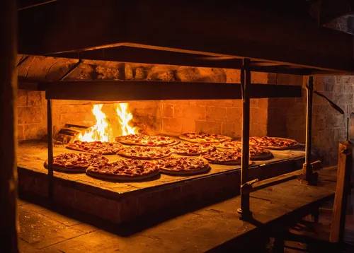 Create a mysterious and suspenseful scene in a dimly lit pizzeria where a secret ingredient is being added to the pizzas. Incorporate the cue word: pizza!,brick oven pizza,wood fired pizza,pizza oven,