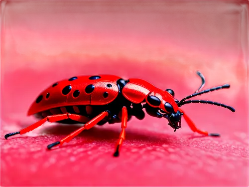 Tiny red bugs, macro shot, close-up, detailed texture, shiny exoskeleton, six legs, antennae, compound eyes, bright red body, metallic sheen, soft focus background, natural lighting, 1/4 composition, 