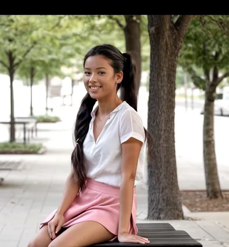 Amateur photography.  She is sitting on a bench in the avenue.  wearing a short pink skirt and a white shirt.  On her feet are black slippers.  Her hair is in a ponytail.  She smiles and waves.,asian 