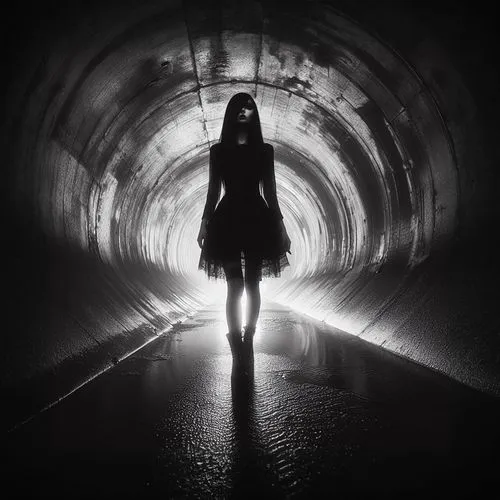 Extender y completar la imagen,girl walking away,woman walking,tunnel,film noir,dark portrait,hollow way,in the dark,passage,scared woman,woman silhouette,monochrome photography,in the shadows,undergr