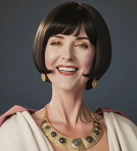 cheerful ancient caucasian goddess with bangs and short black hair dressed in expensive ancient mantle with jewelry,an animation image of a woman in a costume,phryne,valorie,art deco woman,farquaad,si