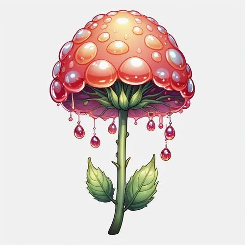 2d side sprite of a gumdrop bush, transparent background,a very pretty big pretty pink flower with drops of water,toadstool,marasmius,muscaria,forest mushroom,fly agaric,red mushroom,Illustration,Abst