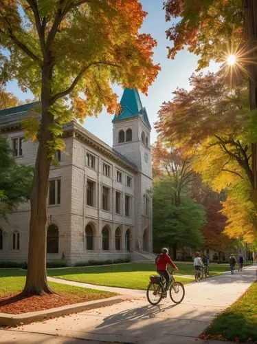 Indiana University Bloomington campus, historic architectural style, brick buildings with ivy-covered walls, ornate stone carvings, clock tower, sprawling green lawns, autumn foliage, sunny day, warm 