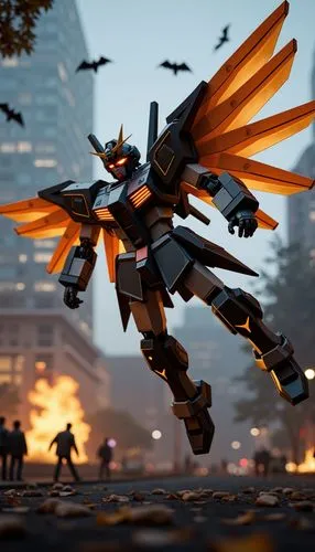 万圣节风格的高达在空中飞翔，火力全开,the lego model is flying high in the air,predaking,makuta,insecticon,cynosbatos,lego background,predacons