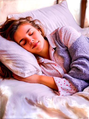 sleeping girl, side lying posture, soft facial expression, closed eyes, gentle eyelids, rosy cheeks, fluffy hair, comfortable pajamas, white pillow, warm blanket, morning sunlight, 3/4 composition, sh