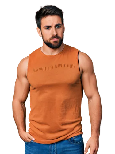 Muscular man, hairy chest, rugged beard, messy brown hair, strong facial features, intense gaze, sleeveless shirt, ripped jeans, confident pose, standing with one hand on hip, natural lighting, shallo