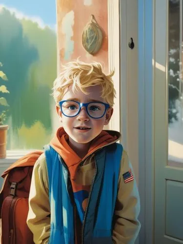 a 4 years old boy with blond hear,this is a painting of a  with glasses,adrien,kristoff,theodore,istomin,quentin,cute cartoon character,Illustration,Vector,Vector 08