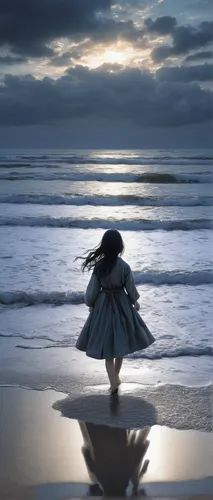 On a desolate beach, a girl takes the first steps towards a new beginning, leaving her past behind.,little girl in wind,walk on the beach,walk on water,the wind from the sea,the shallow sea,footprints