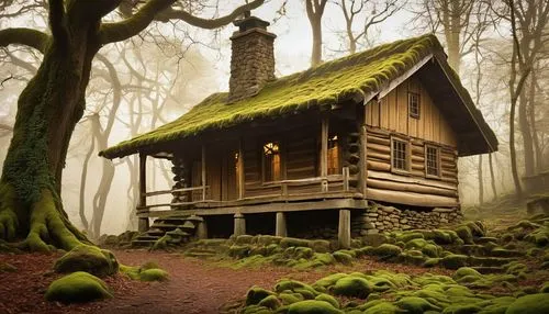 house in the forest,forest house,wooden house,miniature house,the cabin in the mountains,small cabin,little house,fairy house,witch's house,log cabin,log home,house in mountains,wooden hut,lonely house,witch house,small house,tree house,ancient house,house in the mountains,treehouse,Illustration,Realistic Fantasy,Realistic Fantasy 10