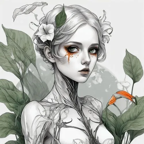 dryad,orange blossom,elven flower,flora,wilted,faerie,ivy,poison ivy,garden fairy,flower fairy,gardenia,overgrown,girl in flowers,faery,flower girl,moonflower,linden blossom,tiger lily,camellia,peony,Conceptual Art,Fantasy,Fantasy 33