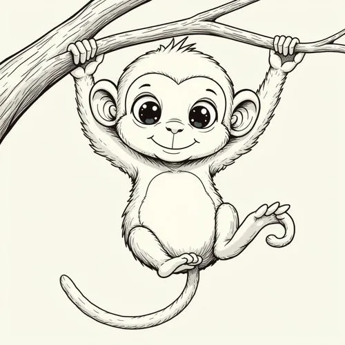 A baby monkey with a round body and a long, curled tail. It is hanging from a tree branch, with a friendly smile and large eyes. The drawing is composed of simple outlines and no color fill.

,a monke