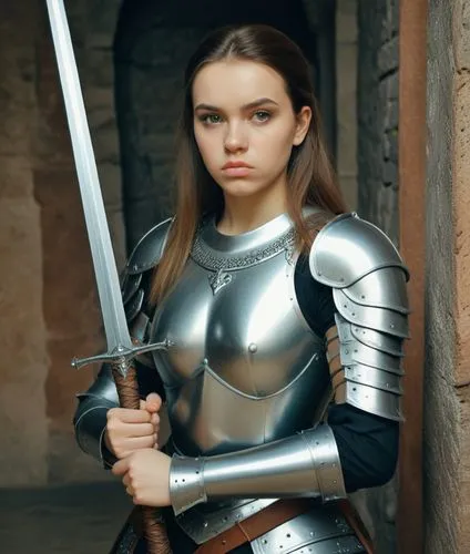 masterpiece beautiful young woman, wearing armor with no helmet holding sword with serious expression, full body view, in a dungeon,woman in a steel armor and holding a sword,arya,female warrior,marga