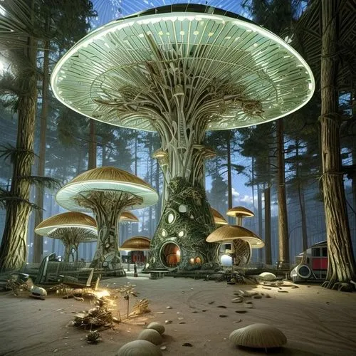 Incredible futuristic mushroom-shaped alien houses, with lots of lighting and a wooded environment. The mushroom roof is a material that is super resistant to external impacts. The base is a sturdy st