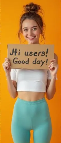 A 21yo petite model girl with light brown hair in a messy bun is holding a cardboard sign that reads "Hi users!, Good day!" wearing a white off-shoulder top, full body, a turqoise tight seamless hairy