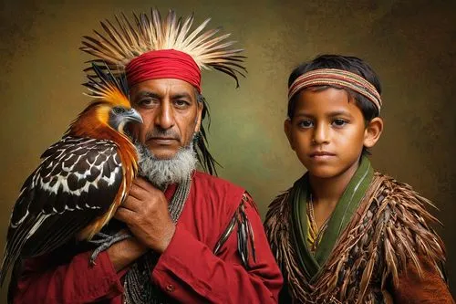 A hoatzin owner and his pet hoatzin,tribespeople,amerindians,tribesmen,indianness,tuaregs,falconers,nomadic people,papuans,montagnards,shamans,indigenas,tuareg,amerindian,yemenites,mousebirds,afar tri