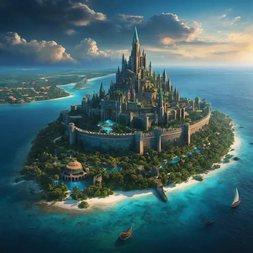 fantasy city,fantasy world,atlantis,island of juist,imperial shores,3d fantasy,water castle,walt disney world,lavezzi isles,flying island,fantasy picture,sea fantasy,artificial islands,jumeirah,an island far away landscape,full hd wallpaper,shanghai disney,disney world,world digital painting,travel destination,Photography,General,Fantasy