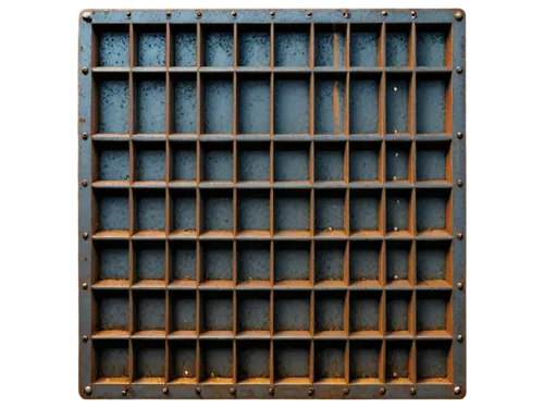 Industrial metal grate, rusty texture, grid pattern, square holes, thick frame, bolts and nuts, worn-out surface, dim lighting, high-angle shot, dramatic shadows, cinematic composition, 3D rendering, 