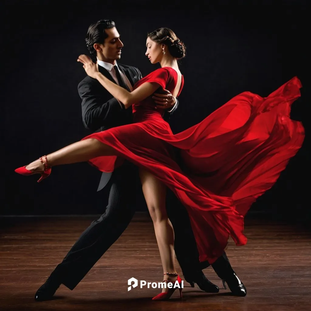 Artistas talentosos. Hermosos jóvenes, hombre y mujer, ejecutando un tango apasionado sobre un fondo negro de estudio. La seda del vestido rojo de la mujer contrasta con el traje negro del hombre, mie