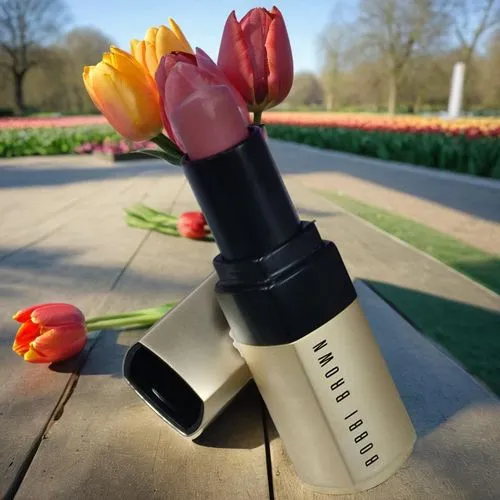 several tulips are in a vase near a lipstick holder,rossetto,nars,tulipa,lipsticks,guerlain,schlippenbach,Small Objects,Outdoor,Tulips