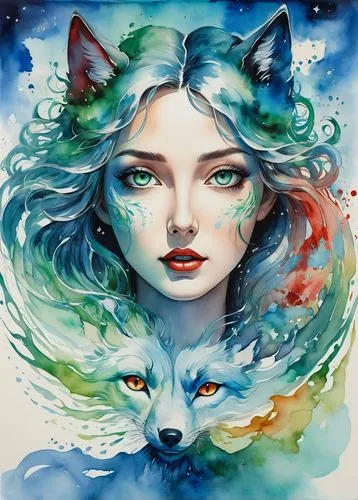 kitsune,fantasy art,amaterasu,fairie,familiars,fantasy portrait,fantasy picture,two wolves,xanth,fireheart,loup,white wolves,white fox,faery,seelie,loups,kindred,mononoke,ostara,fairy tale icons,Illustration,Paper based,Paper Based 25