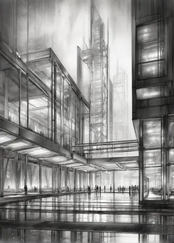 arcology,unbuilt,industrial landscape,glass facades,city scape,undercity,metropolis,glass building,skyways,black city,bioshock,industrial ruin,environments,cybercity,casgrain,warehouses,cityscapes,glass facade,industrialism,urban landscape,Illustration,Black and White,Black and White 30