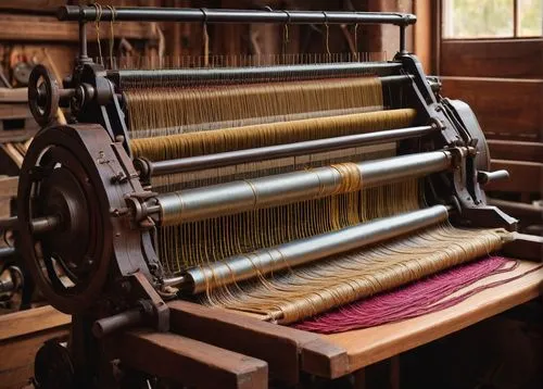 Modern weaver, intricate machinery, wooden structure, ornate details, vintage vibe, rustic atmosphere, old workshop, natural light pouring in, warm colors, soft focus, shallow depth of field, 3/4 comp