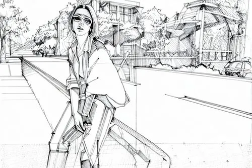 fashion illustration,fashion sketch,camera illustration,pedestrian,woman walking,camera drawing,a pedestrian,line drawing,city ​​portrait,watercolor paris balcony,line-art,mono-line line art,drawing m