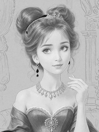 pencil drawing priness  style  Julius Leblanc Stewart,a drawing of a princess wearing a tiara,princess anna,princess sofia,maxon,cendrillon,gothel,princess' earring,Design Sketch,Design Sketch,Detaile