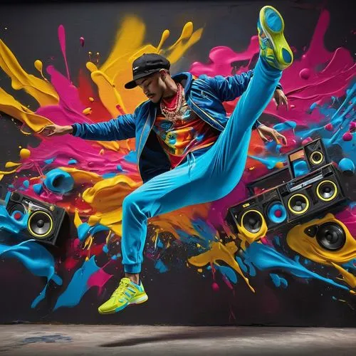 A captivating 8k hyper-realistic oil painting, seamlessly blending the world of unreal engine 3D animation, portrays a radiant break dancer adorned in neon-hued attire, executing acrobatic and exubera