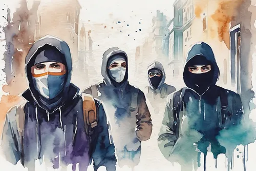 balaclava,watercolor,watercolor paris,the pandemic,respirators,watercolors,monks,pandemic,ninjas,watercolor painting,outbreak,watercolour,riot,weather-beaten,water color,watercolor paint,watercolor sketch,cd cover,watercolor blue,album cover,Illustration,Paper based,Paper Based 25