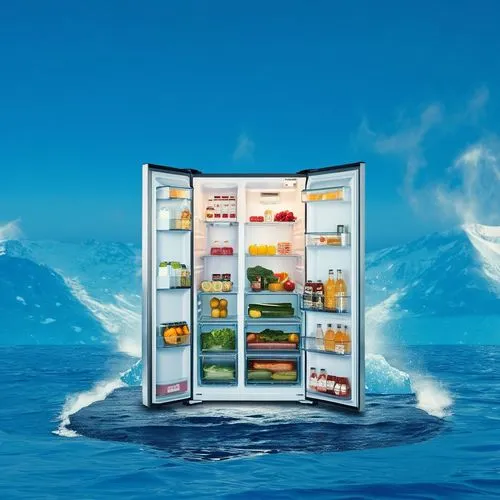 a summit refrigerator same on the photo,a double door refrigerator is submerged in water,frozen food,refrigerate,refrigerating,refrigerated,refrigeration,freezers,Photography,General,Realistic