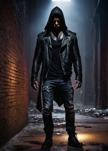 Humanoid demon, muscular male, red skin, sharp horns, menacing eyes, black eyeliner, pointed ears, dark tattoos on arms, ripped black leather jacket, torn jeans, heavy combat boots, standing in a dark