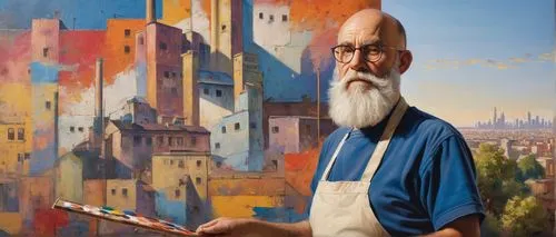 mural artist, middle-aged man, bespectacled, balding, white beard, casual clothing, paint-stained apron, holding a palette, standing in front of a large mural, urban cityscape background, graffiti-sty