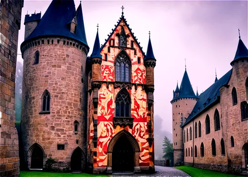 Medieval castle, Germany, grandiose, tall spires, stone walls, moat surrounding, towers, Gothic architecture, intricate carvings, stained glass windows, ornate doors, flag flying high, misty morning, 