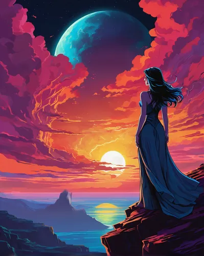 Imagine Selene standing alone on the edge of a precipice, contemplating her past choices and the burden of her immortality.,fantasy picture,dusk background,dusk,world digital painting,sunset,blue moon