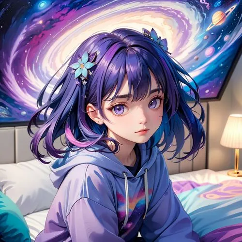 the anime girl is lying in bed with blue hair,hikikomori,umi,himawari,ratri,yohane,hinata,Anime,Anime,General