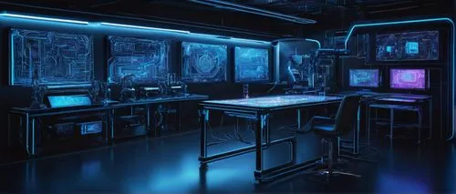 Draw to image AI, futuristic laboratory, sleek metallic tables, various robotic arms, wires and circuits, holographic screens, neon lights, dark background with subtle gradient, 3/4 composition, shall