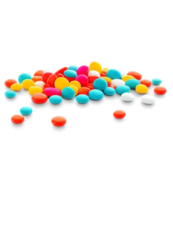 Transparent background, various colored pills, scattered, round shapes, glossy surface, reflective lights, soft focus, shallow depth of field, 3/4 composition, warm color tone, pharmaceutical theme, d