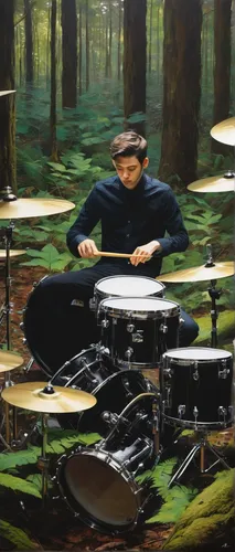 Describe a peaceful moment of Ryan Seaman playing his drums in a forest.,korean handy drum,snare,percussionist,drumming,tom-tom drum,ride cymbal,drummer,timpani,cymbals,field drum,drum kit,cymbal,drum