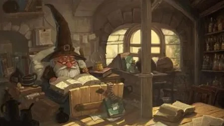 a wizard reading in his liry while another looks on,apothecary,scriptorium,bibliographer,dragonlance,herbology,innkeeper