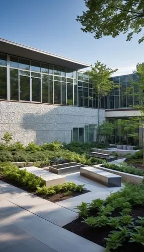 Rockville, MD, architectural ceramics, modern building, urban setting, geometric shapes, white and gray tones, glass windows, steel frames, angular lines, textured ceramic tiles, outdoor seating area,