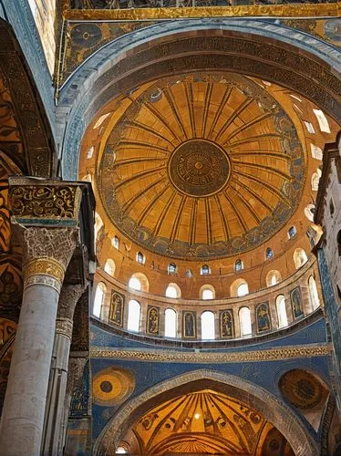 Hagia Sophia, Byzantine architecture, grand dome, intricate mosaics, golden decorations, massive stone columns, ornate arches, Islamic influences, Istanbul, Turkey, morning light, soft shadows, warm c