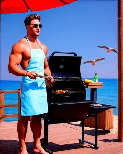 Beachside BBQ, summer atmosphere, sunny day, clear blue sky, white puffy clouds, muscular man, messy hair, sunglasses, apron, chef hat, grill master, sizzling meat on grill, savory smoke, seagulls fly