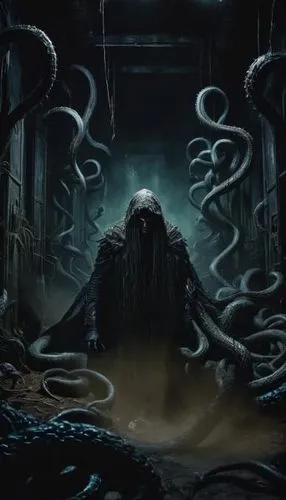 a ghost sitting on top of a giant monster,azathoth,lovecraftian,lovecraft,giger,gravemind,hastur