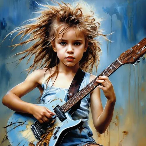 super modelo de 2o años Pintura al óleo empastada dinámica, pinceladas pesadas, una chica deslumbrante con el cabello desordenado, tocando la guitarra, en el estilo artístico de Carne Griffiths y Luis