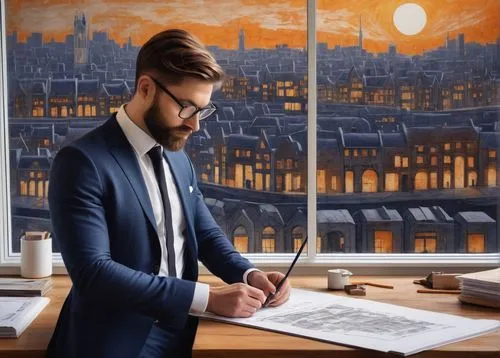 Male architect, 35yo, formal wear, glasses, short brown hair, beard, white shirt, black tie, dark blue suit, holding a pencil and drafting paper, standing in front of a large wooden desk, surrounded b