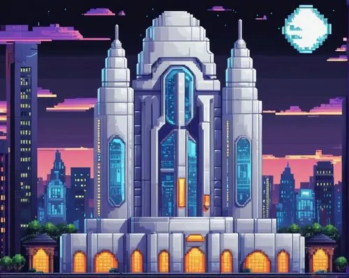 space port,metropolis,castlevania,cathedral,skyscraper,skyscrapers,the skyscraper,pixel art,fantasy city,haunted cathedral,skyterra,sagrada,areopolis,atlantis,dusk background,retro background,spaceport,basilica,retro styled,cybercity,Unique,Pixel,Pixel 01