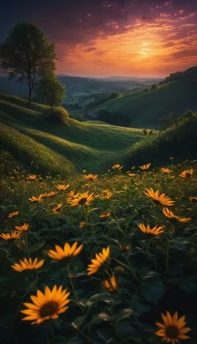  A noite uma paisagem tranquila, como um campo ou colina. Adicione elementos que simbolizem esperança e renovação, como flores desabrochando ou uma estrela brilhante no céu. A imagem deve transmitir a