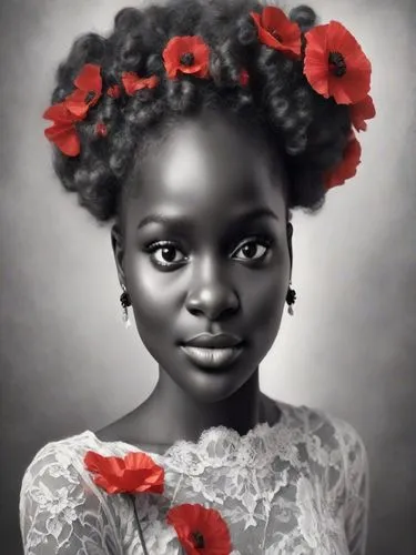 afro american girls,beautiful african american women,afro-american,african american woman,flower girl,african woman,afro american,black skin,afroamerican,girl in a wreath,red petals,african,black woman,red rose,red roses,girl portrait,digital painting,retouching,beautiful girl with flowers,red flower